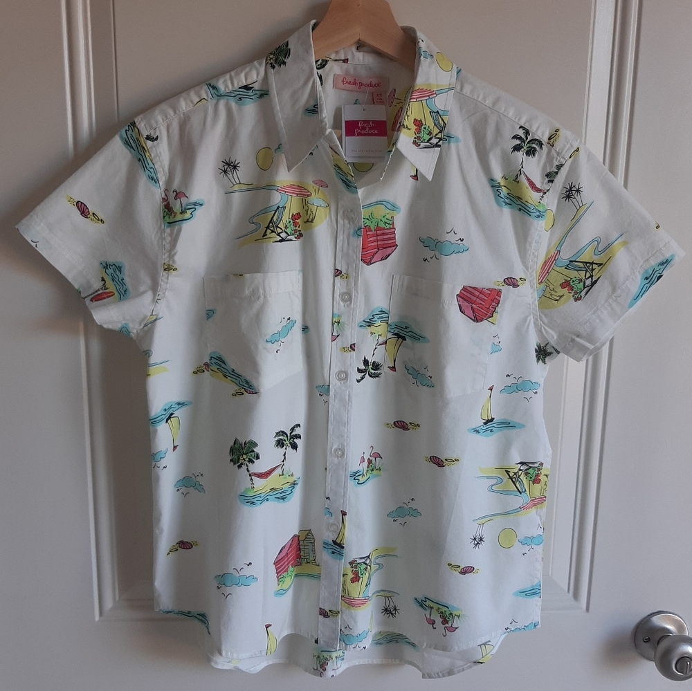 NWOT Fresh Produce Beachy Oxford Camp Shirt Size XS